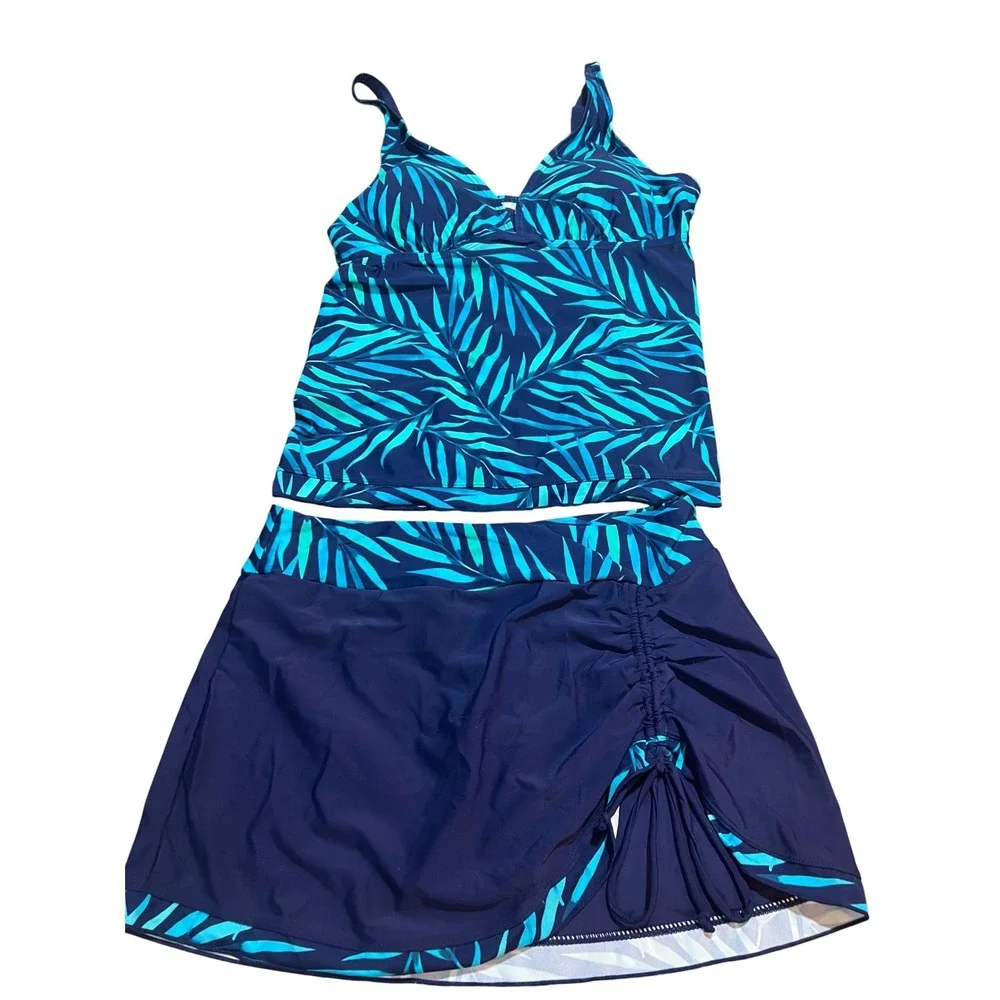 Rekita Womens Tropical Palm Leaf Tankini Set Navy Teal Swim Skirt Medium NEW - Picture 1 of 9